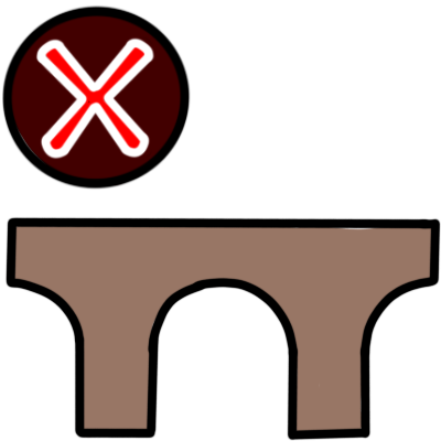 a simple brown beam bridge shape. above it is a dark red circle with a bright red, white-outlined 'X'